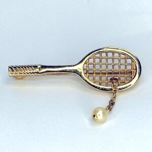 Vintage Brooch Tennis Racket Gold Tone Brooch with Faux Pearl AVON